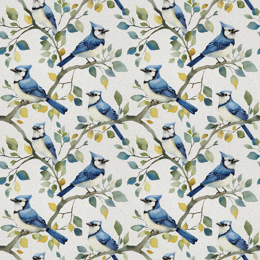 blue jay birds, botanical branches, watercolor style, nature pattern, quilting cotton, fabric panel, bird motif, leafy branches, blue and white, green foliage, yellow leaves, repeating design, wildlife theme, ornithology inspired, soft pastels, delicate artwork, seamless pattern, avian subjects, natural elements, spring colors