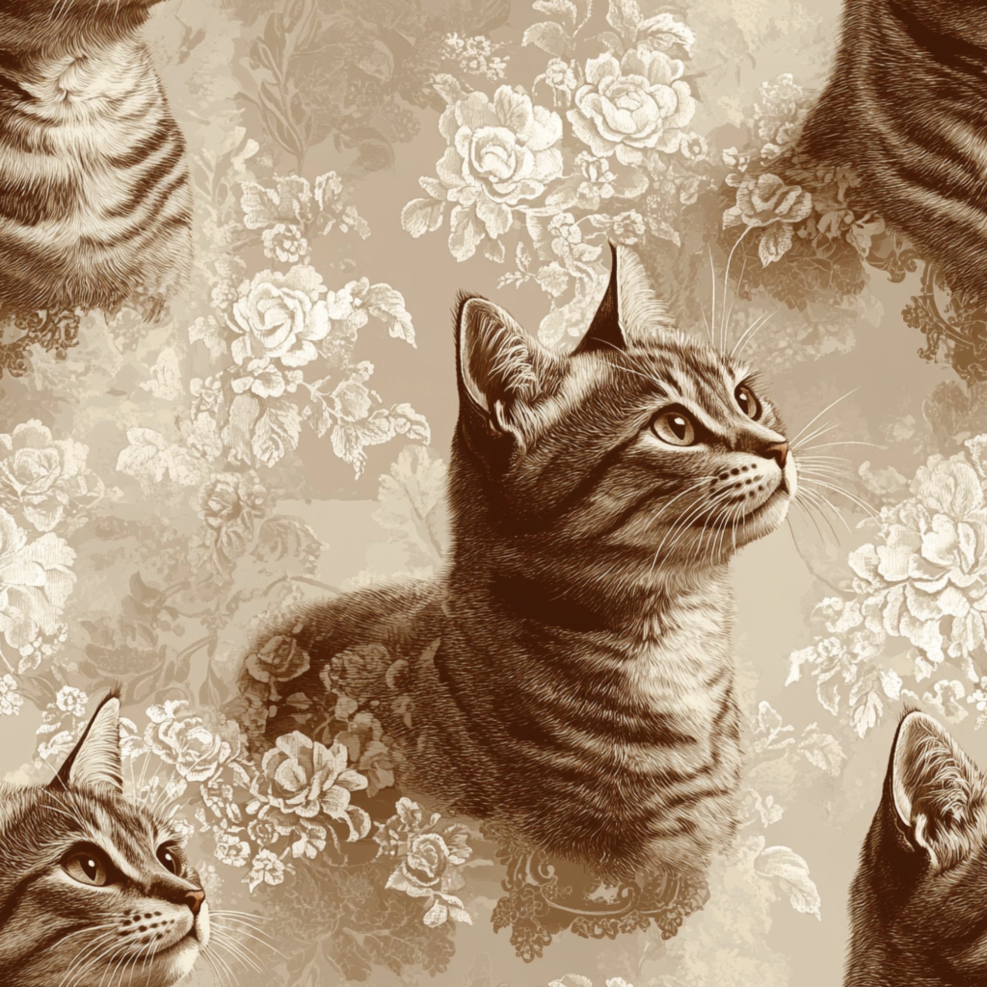 beige, sepia, brown, tan, cream, cats, kittens, tabby cats, floral pattern, roses, lace design, vintage style, monochromatic, quilting cotton, fabric panel, botanical motifs, feline portraits, nostalgic mood, romantic florals, repeating pattern