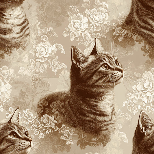 beige, sepia, brown, tan, cream, cats, kittens, tabby cats, floral pattern, roses, lace design, vintage style, monochromatic, quilting cotton, fabric panel, botanical motifs, feline portraits, nostalgic mood, romantic florals, repeating pattern