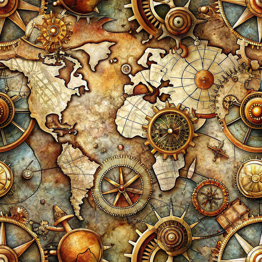 steampunk, old maps, vintage maps, compass roses, gears, clockwork, mechanical elements, bronze, copper, gold, amber, sepia tones, aged parchment, nautical instruments, world continents, antique style, quilting cotton, fabric panel, industrial design, explorer theme