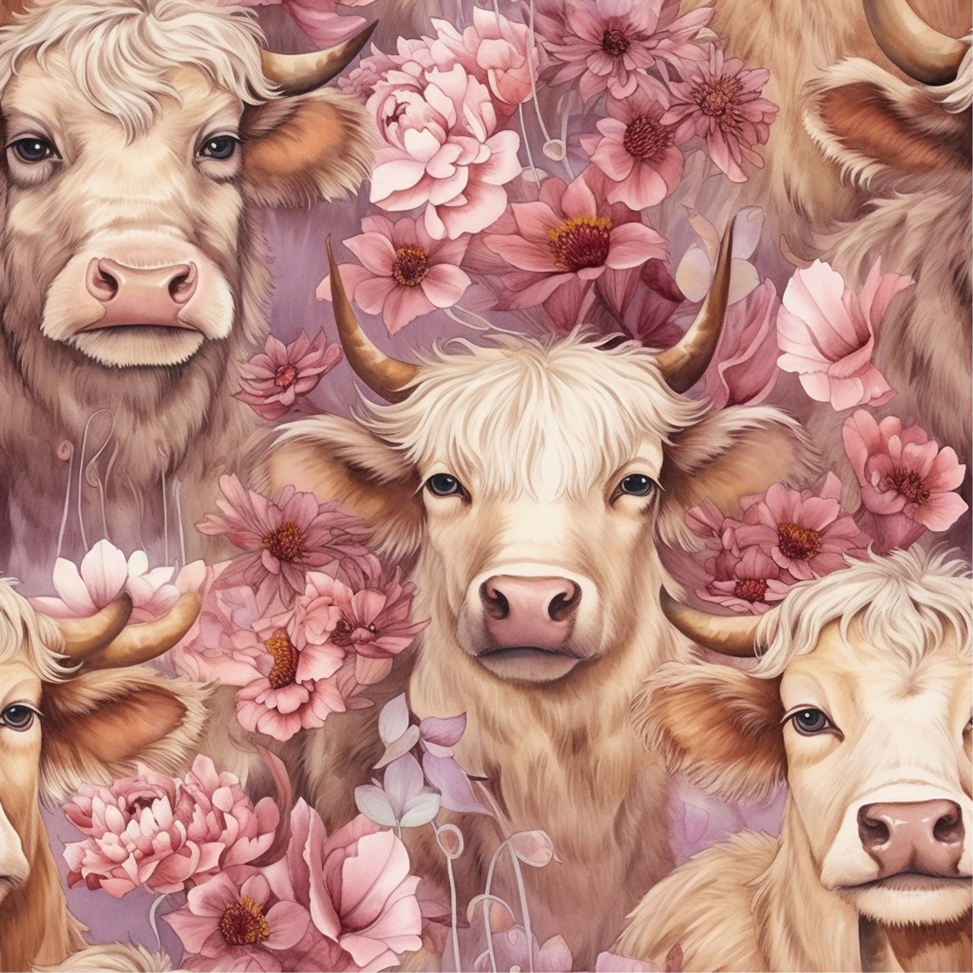 highland cows, floral pattern, pink flowers, peach blooms, cream colored, beige tones, rose pink, soft pastels, horned cattle, cow faces, botanical design, repeating pattern, quilting cotton, fabric panel, whimsical art, farmhouse style, country animals, fluffy fur, gentle expression, nature motifs