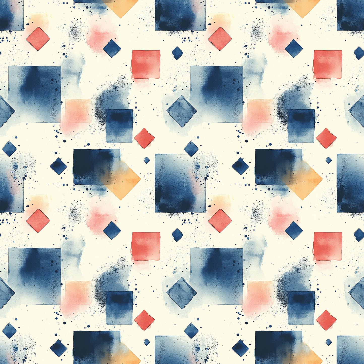 navy blue, coral pink, orange, cream background, geometric shapes, squares, diamonds, watercolor effect, paint splatters, mid century modern, abstract pattern, quilting cotton, fabric panel, contemporary design, scattered dots, artistic brushstrokes, modern geometric, repeating pattern, textile design, crafting fabric