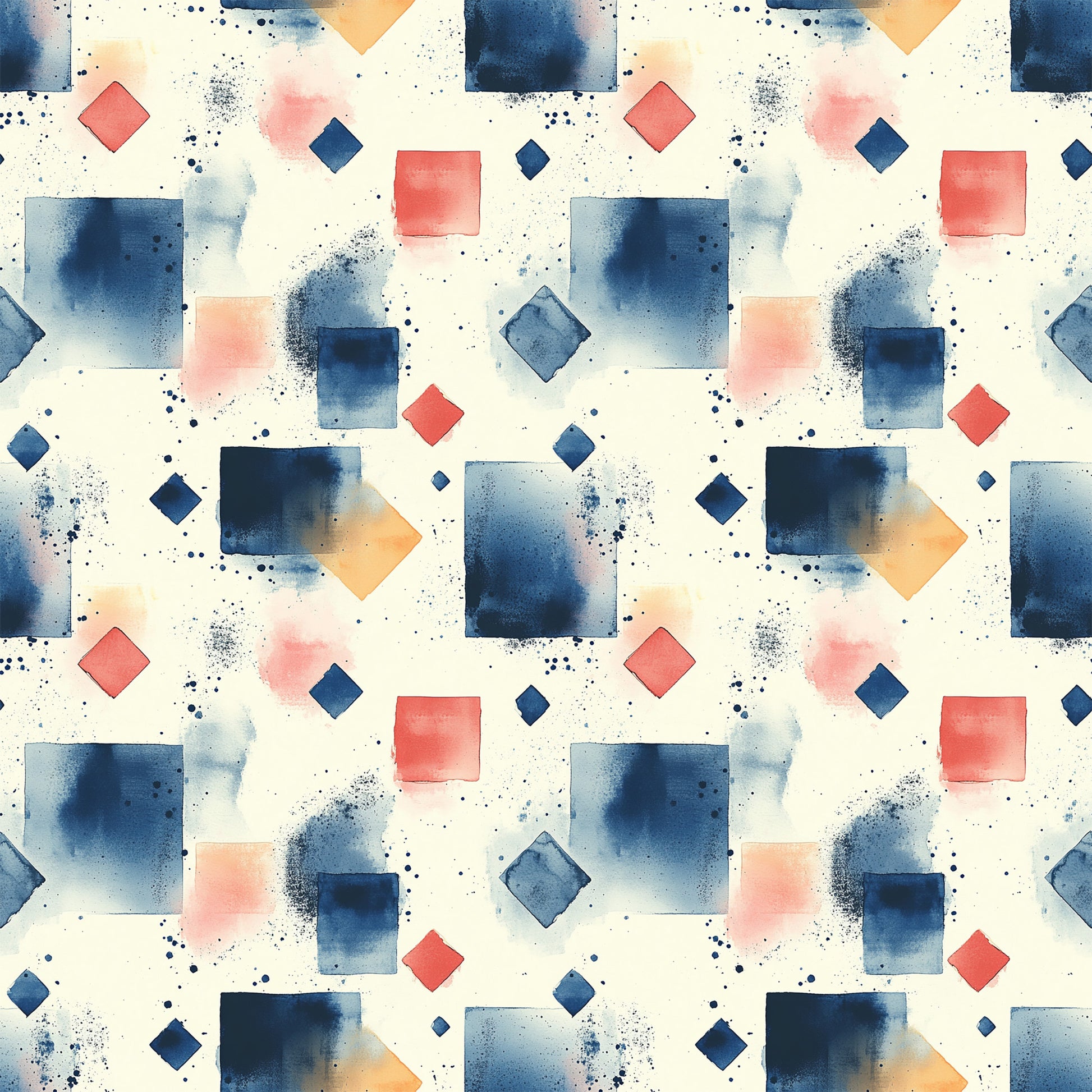 navy blue, coral pink, orange, cream background, geometric shapes, squares, diamonds, watercolor effect, paint splatters, mid century modern, abstract pattern, quilting cotton, fabric panel, contemporary design, scattered dots, artistic brushstrokes, modern geometric, repeating pattern, textile design, crafting fabric