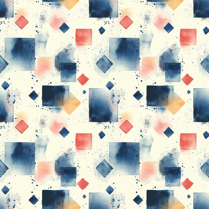 navy blue, coral pink, orange, cream background, geometric shapes, squares, diamonds, watercolor effect, paint splatters, mid century modern, abstract pattern, quilting cotton, fabric panel, contemporary design, scattered dots, artistic brushstrokes, modern geometric, repeating pattern, textile design, crafting fabric