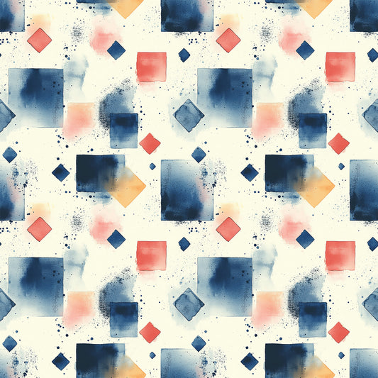 navy blue, coral pink, orange, cream background, geometric shapes, squares, diamonds, watercolor effect, paint splatters, mid century modern, abstract pattern, quilting cotton, fabric panel, contemporary design, scattered dots, artistic brushstrokes, modern geometric, repeating pattern, textile design, crafting fabric