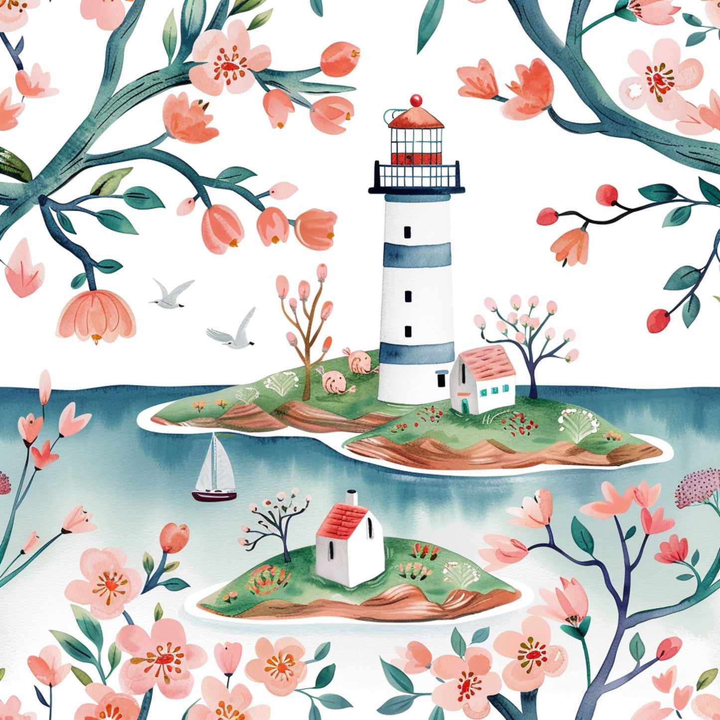 coral pink, sage green, navy blue, watercolor style, lighthouse, cherry blossoms, floral branches, small cottage, sailboat, seagulls, island scene, spring flowers, quilting cotton, fabric panel, whimsical illustration, coastal theme, blooming trees, maritime, peaceful scene, soft pastels