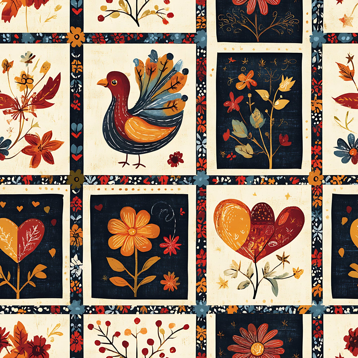 autumn colors, folk art, quilting cotton, fabric panel, bird motif, floral designs, heart shapes, orange, burgundy, navy blue, cream background, decorative borders, thanksgiving theme, harvest motifs, patchwork squares, botanical illustrations, warm color palette, rustic style, fall season, cottage core