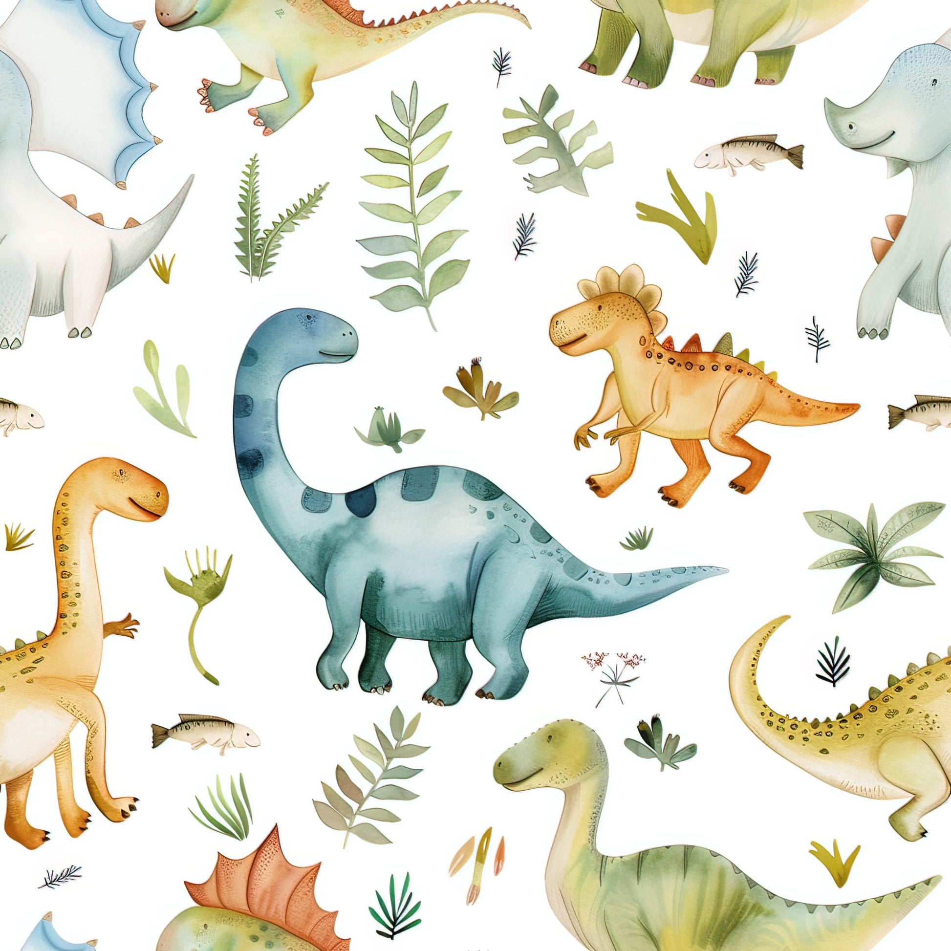 watercolor dinosaurs, prehistoric creatures, soft pastels, sage green, dusty blue, warm orange, cream background, botanical elements, fern leaves, palm fronds, gentle watercolor style, quilting cotton, fabric panel, children's theme, nursery design, whimsical illustration, nature motifs, seamless pattern, soft textures, playful dinosaurs