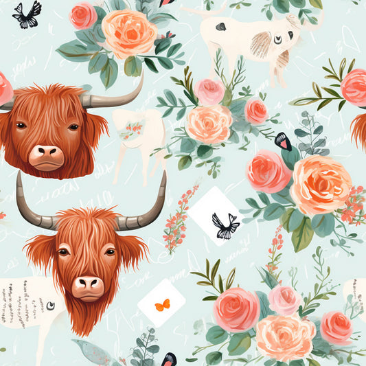 Handdrawn Highland Cows Pattern 2 Quilting Cotton Fabric