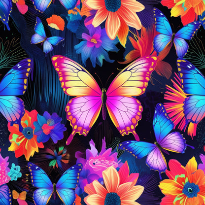butterflies, tropical flowers, vibrant colors, electric blue, hot pink, orange, purple, yellow, neon colors, fantasy pattern, floral design, morpho butterflies, exotic blooms, quilting cotton, fabric panel, bright florals, colorful wings, tropical theme, artistic illustration, vivid hues