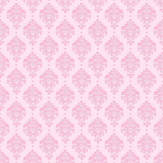 pink, pale pink, blush, damask pattern, ornate scrollwork, baroque design, floral motifs, repeating pattern, elegant, vintage style, decorative flourishes, quilting cotton, fabric panel, tea party theme, feminine, delicate, intricate details, wallpaper style, romantic, soft pastels