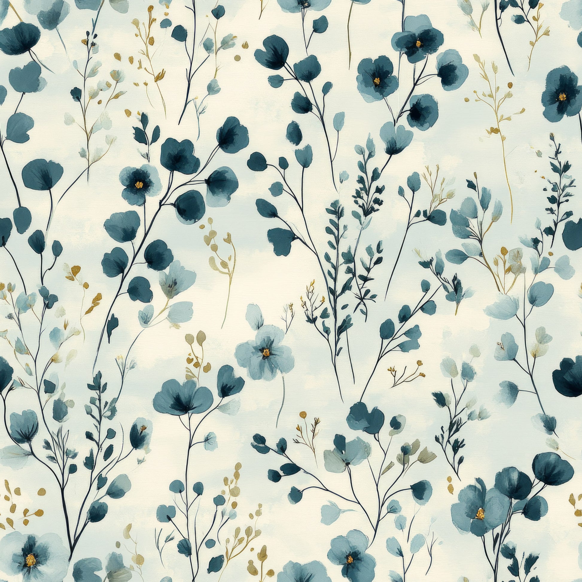 cornflower blue, cream background, watercolor florals, botanical pattern, delicate flowers, navy blue, teal, golden accents, soft petals, organic stems, nature inspired, quilting cotton, fabric panel, feminine design, flowing branches, hand painted style, pastel blues, floral motifs, cottage garden, romantic mood