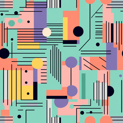 mint green, coral pink, purple, yellow, black, white, geometric shapes, circles, lines, rectangles, abstract pattern, modern art, retro style, groovy design, boho aesthetic, hippie vibes, quilting cotton, fabric panel, contemporary mood, artistic blocks