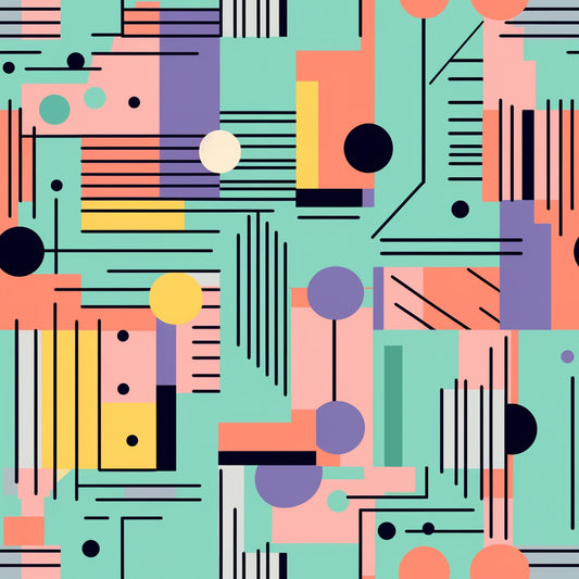 mint green, coral pink, purple, yellow, black, white, geometric shapes, circles, lines, rectangles, abstract pattern, modern art, retro style, groovy design, boho aesthetic, hippie vibes, quilting cotton, fabric panel, contemporary mood, artistic blocks