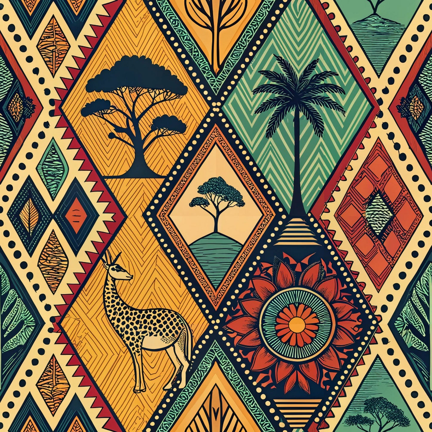 african tribal, geometric diamonds, earthy orange, forest green, warm yellow, acacia trees, palm trees, leopard silhouette, mandala flower, chevron patterns, zigzag borders, dotted lines, nature motifs, tribal art, ethnic style, quilting cotton, fabric panel, savanna theme, wildlife design, diamond shapes