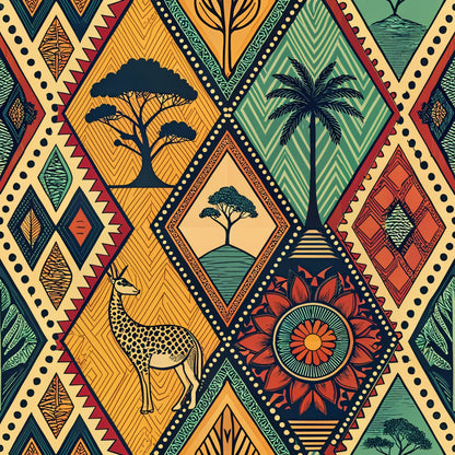 african tribal, geometric diamonds, earthy orange, forest green, warm yellow, acacia trees, palm trees, leopard silhouette, mandala flower, chevron patterns, zigzag borders, dotted lines, nature motifs, tribal art, ethnic style, quilting cotton, fabric panel, savanna theme, wildlife design, diamond shapes