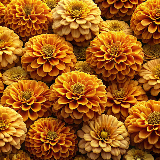 golden yellow, amber, orange, bronze, realistic flowers, zinnias, dahlia blooms, layered petals, detailed centers, botanical pattern, autumn colors, warm tones, photographic style, quilting cotton, fabric panel, fall flowers, overlapping blooms, dimensional appearance, harvest colors, floral design