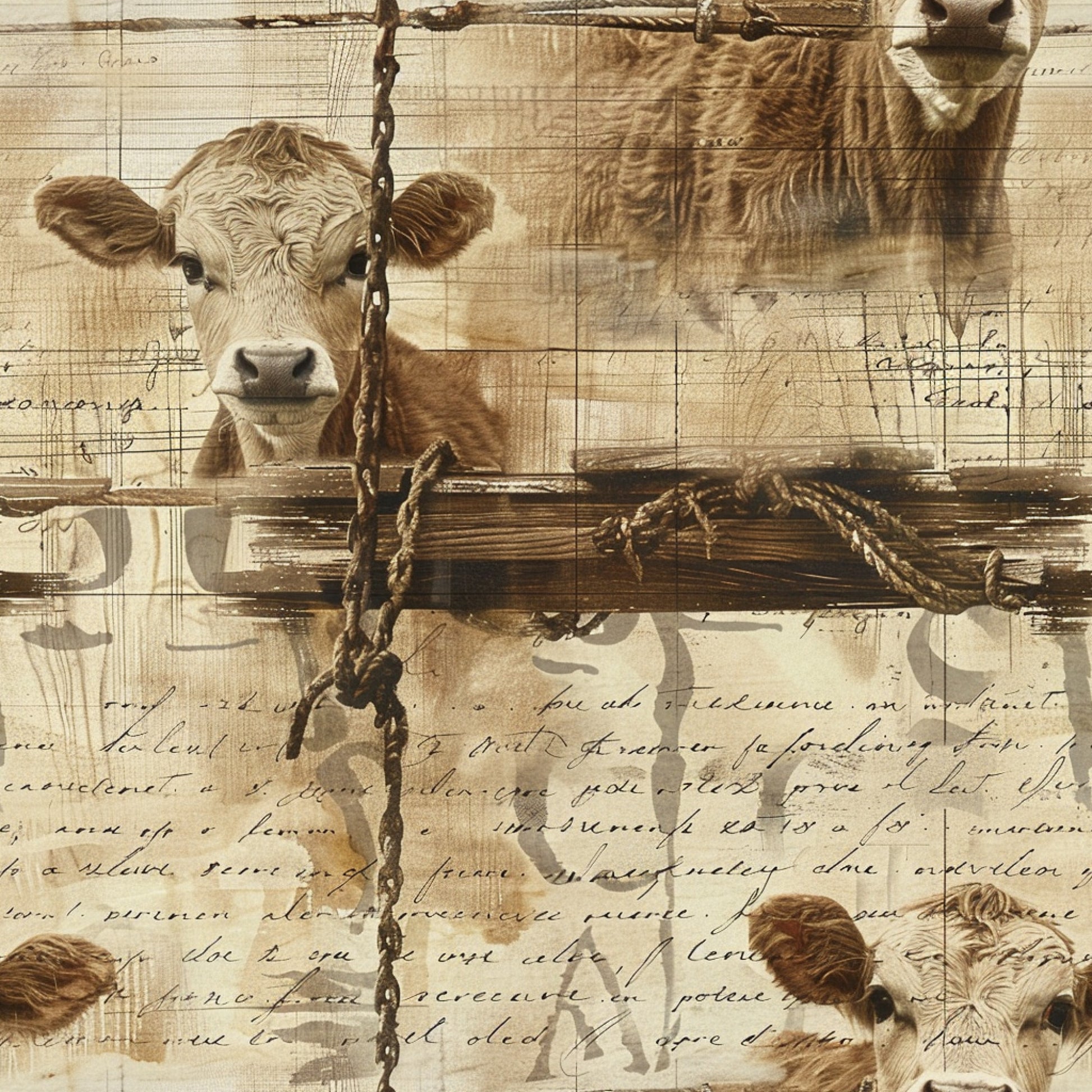 sepia tones, brown, cream, beige, tan, cow faces, cattle, farm animals, rope details, handwritten script, vintage style, rustic charm, quilting cotton, fabric panel, country theme, barn animals, agricultural motif, distressed texture, nostalgic feel, pastoral scene