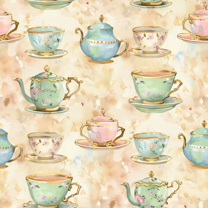 whimsical tea party, vintage teacups, floral teapots, pastel colors, mint green, soft pink, cream background, gold trim, delicate florals, watercolor style, quilting cotton, fabric panel, elegant chinaware, afternoon tea, shabby chic, romantic pattern, cottage core, feminine design, repeating motif