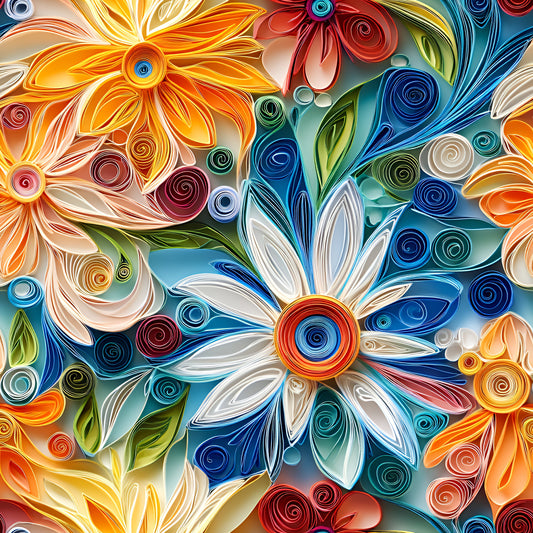 abstract floral, paper quilling, swirled petals, orange flowers, white daisy, blue accents, red spirals, green leaves, yellow blooms, colorful swirls, dimensional design, rolled paper art, botanical pattern, vibrant colors, quilting cotton, fabric panel, artistic florals, textured appearance, contemporary style, craft-inspired