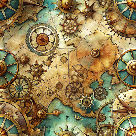 steampunk, vintage maps, brass gears, copper tones, golden brown, teal green, mechanical elements, compass designs, clockwork motifs, nautical wheels, weathered texture, antique style, industrial aesthetic, quilting cotton, fabric panel, adventure theme, explorer motif, aged parchment, maritime elements, geometric patterns