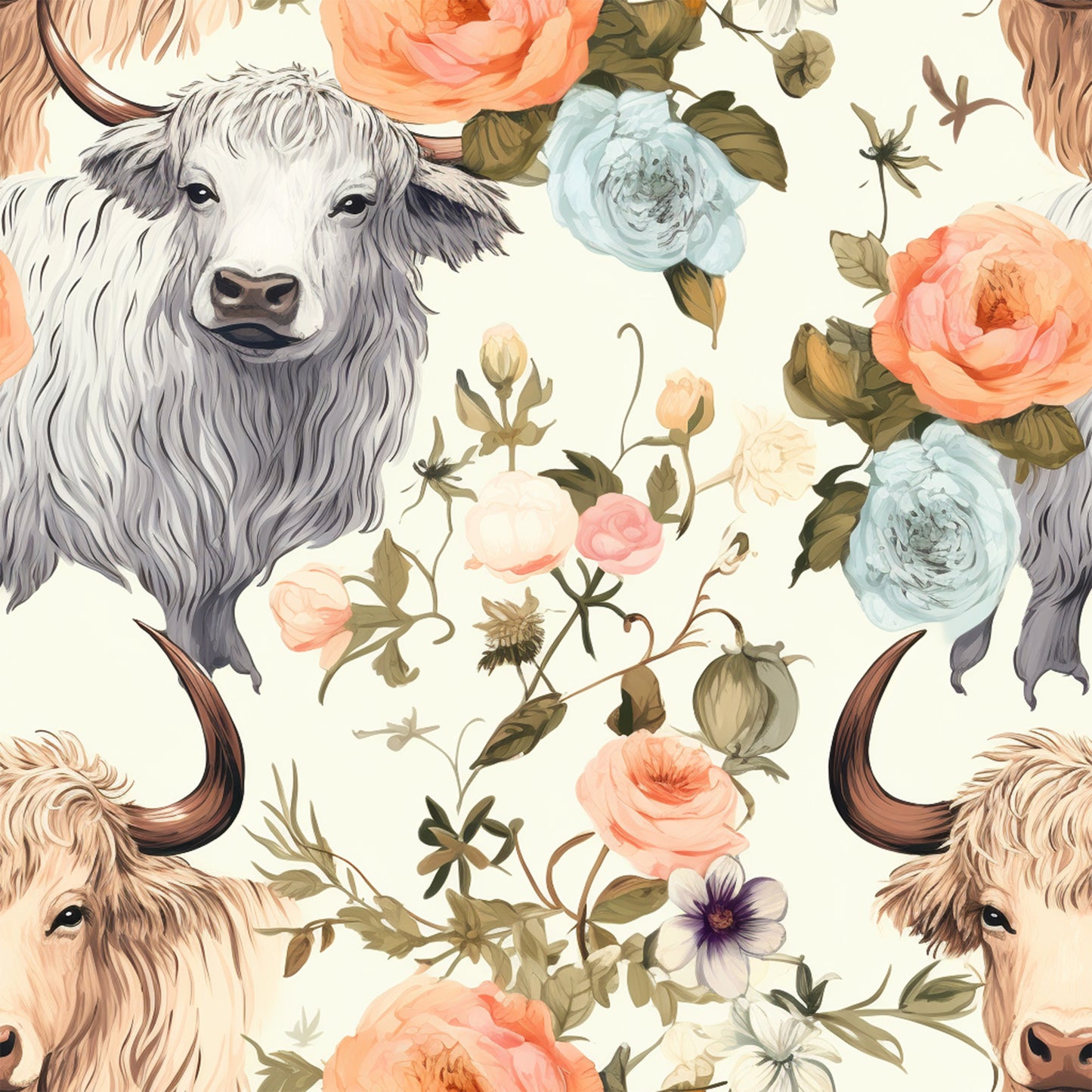 highland cows, vintage floral, quilting cotton, fabric panel, peach roses, blue flowers, cream background, botanical elements, pastoral design, long-haired cattle, horned cows, watercolor style, romantic florals, repeating pattern, soft pastels, country farmhouse, rustic charm, floral motifs, vintage illustration, quilting fabric
