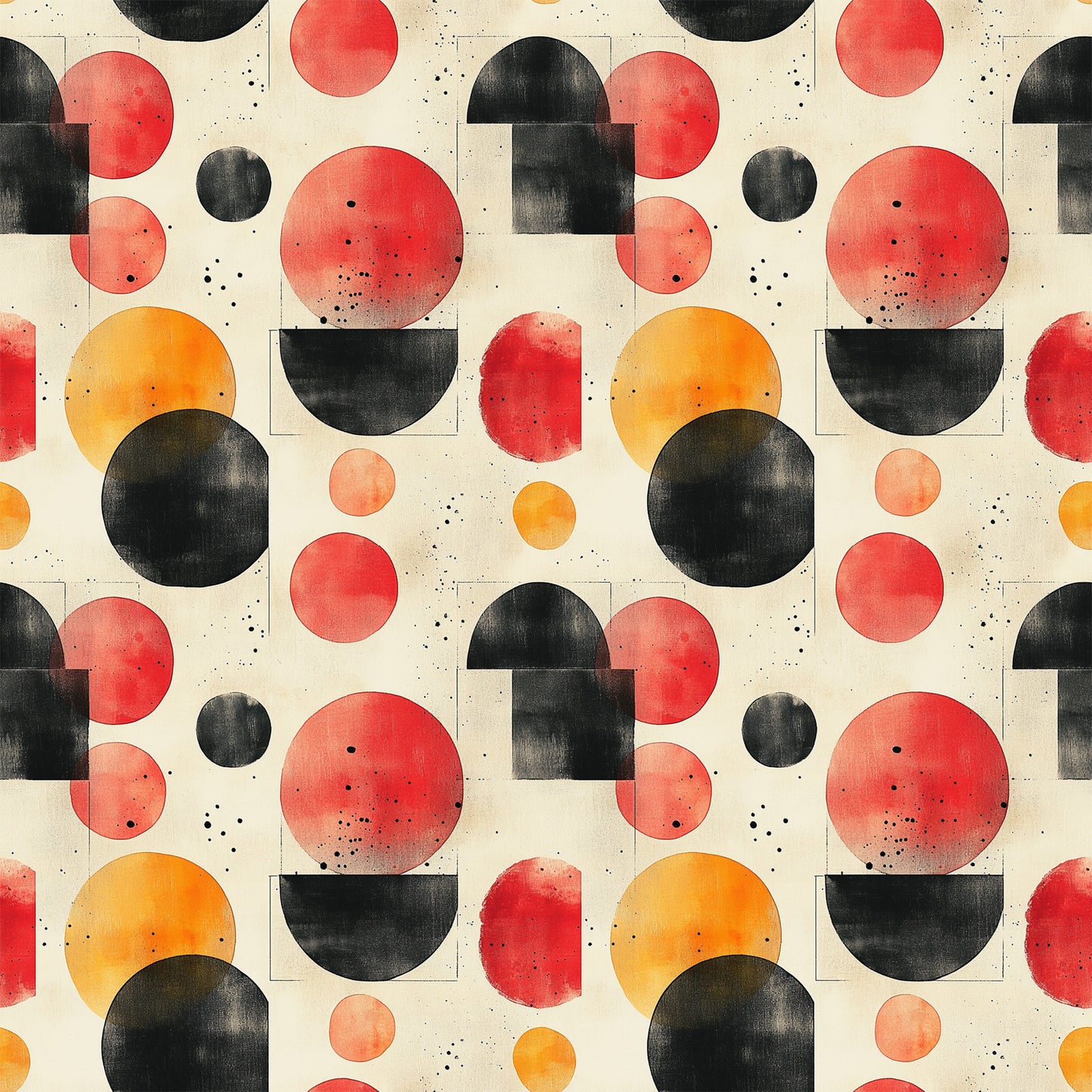 orange, red, black, cream, beige, geometric circles, overlapping shapes, mid century modern, abstract pattern, watercolor texture, retro design, vintage style, minimalist, contemporary, quilting cotton, fabric panel, scattered dots, organic shapes, modernist aesthetic, warm tones