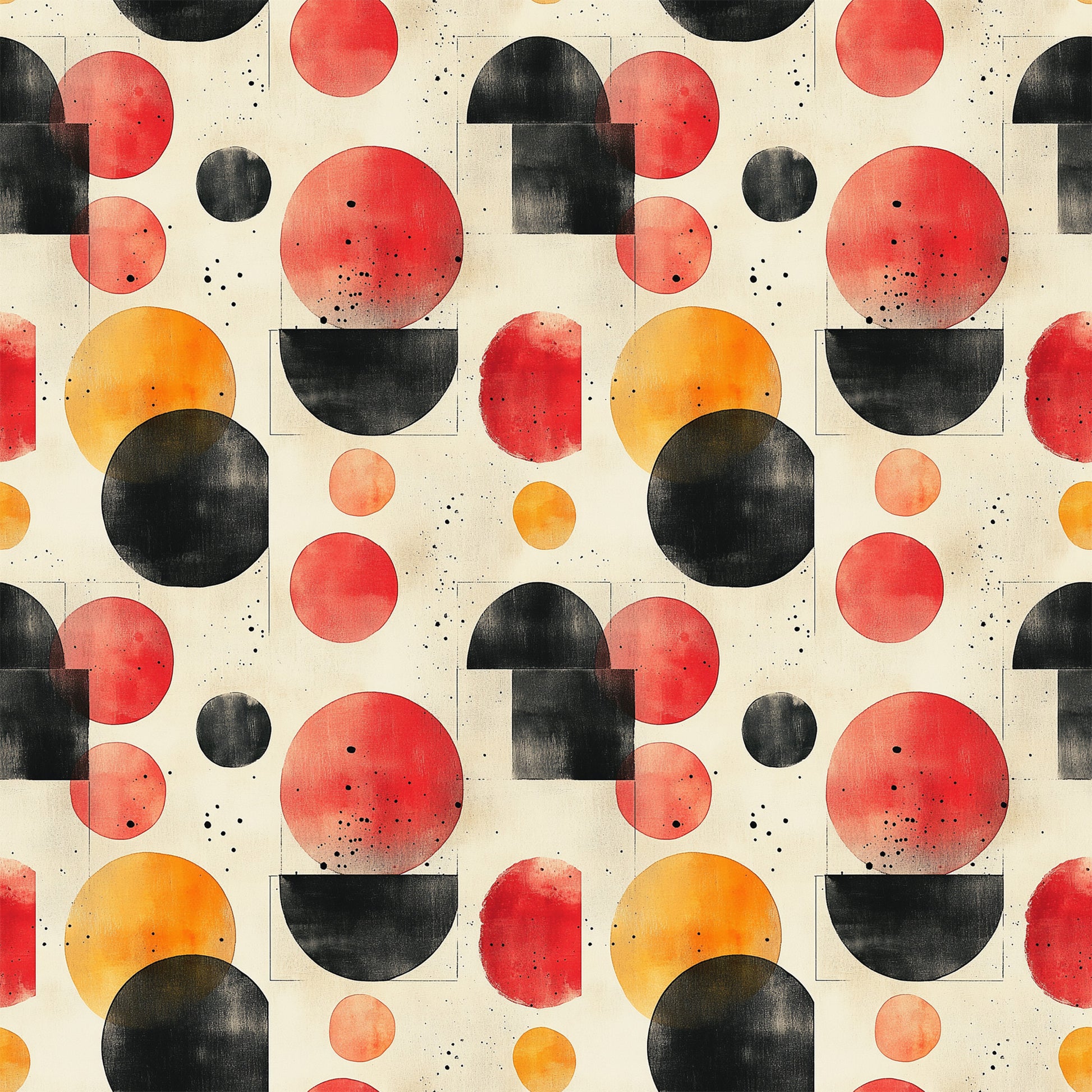 orange, red, black, cream, beige, geometric circles, overlapping shapes, mid century modern, abstract pattern, watercolor texture, retro design, vintage style, minimalist, contemporary, quilting cotton, fabric panel, scattered dots, organic shapes, modernist aesthetic, warm tones
