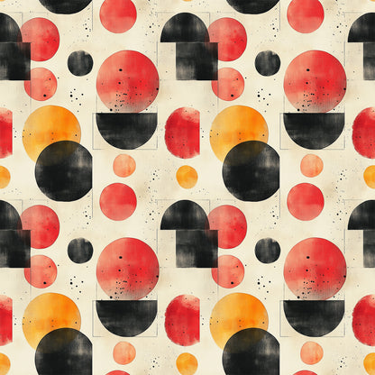 orange, red, black, cream, beige, geometric circles, overlapping shapes, mid century modern, abstract pattern, watercolor texture, retro design, vintage style, minimalist, contemporary, quilting cotton, fabric panel, scattered dots, organic shapes, modernist aesthetic, warm tones