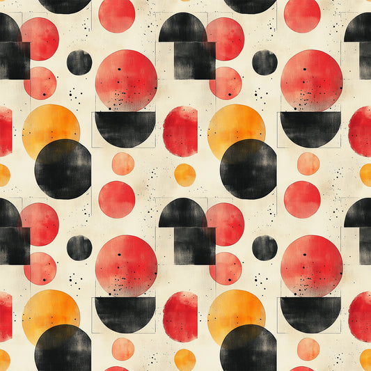 orange, red, black, cream, beige, geometric circles, overlapping shapes, mid century modern, abstract pattern, watercolor texture, retro design, vintage style, minimalist, contemporary, quilting cotton, fabric panel, scattered dots, organic shapes, modernist aesthetic, warm tones