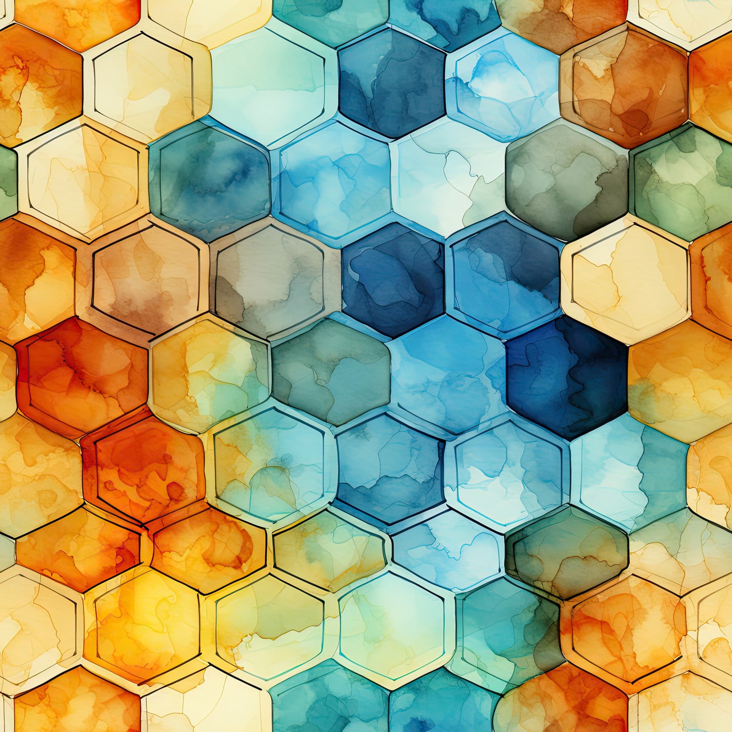 watercolor, honeycomb pattern, geometric hexagons, orange, blue, teal, amber, navy, sage green, cream, beige, coral, aqua, quilting cotton, fabric panel, watercolor wash, organic texture, hexagonal cells, gradient colors, contemporary design, modern geometric