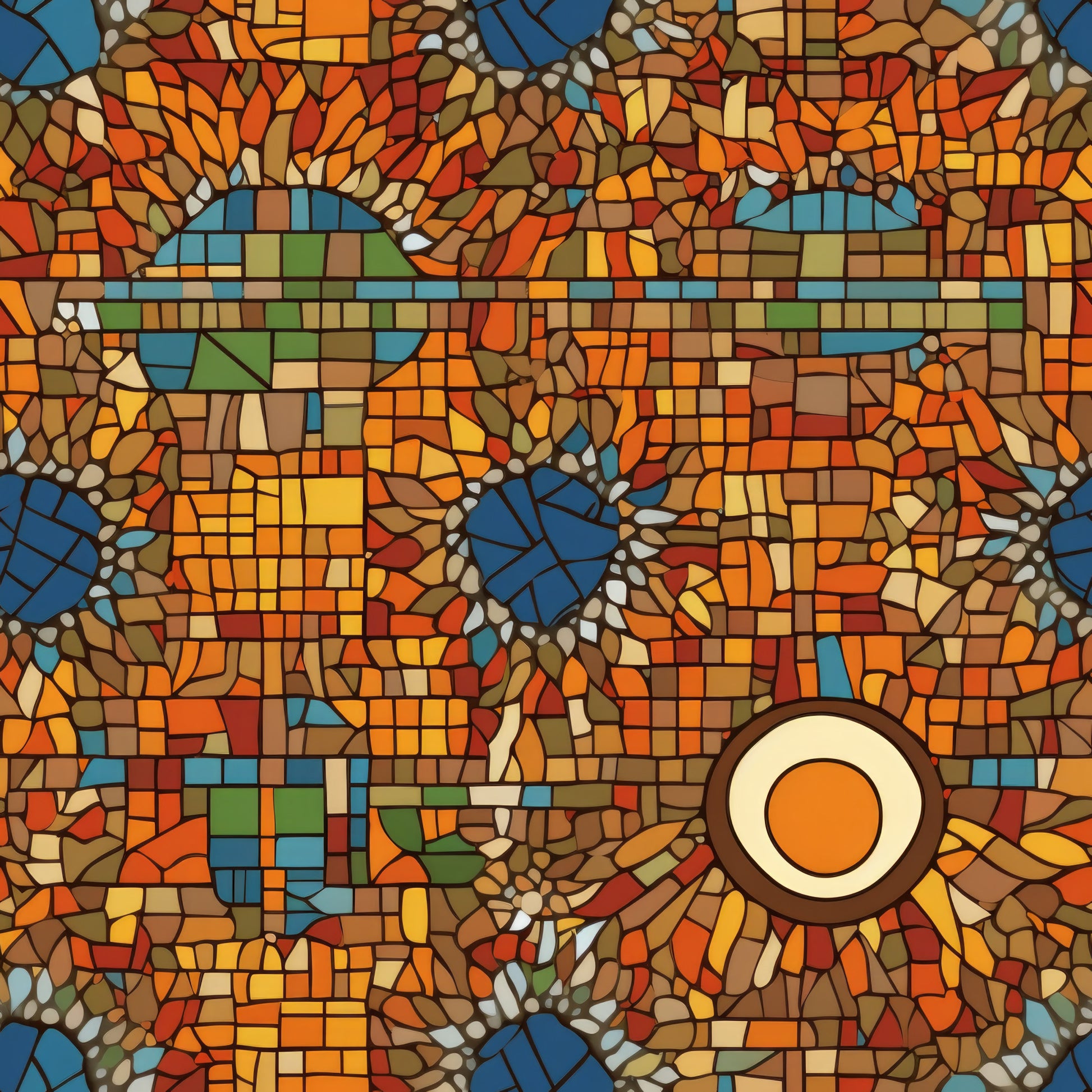 mosaic pattern, stained glass, geometric design, orange, red, brown, blue, green, yellow, warm colors, autumn tones, tessellated, abstract art, quilting cotton, fabric panel, earthy palette, circular motifs, artistic blocks, contemporary style, vibrant colors