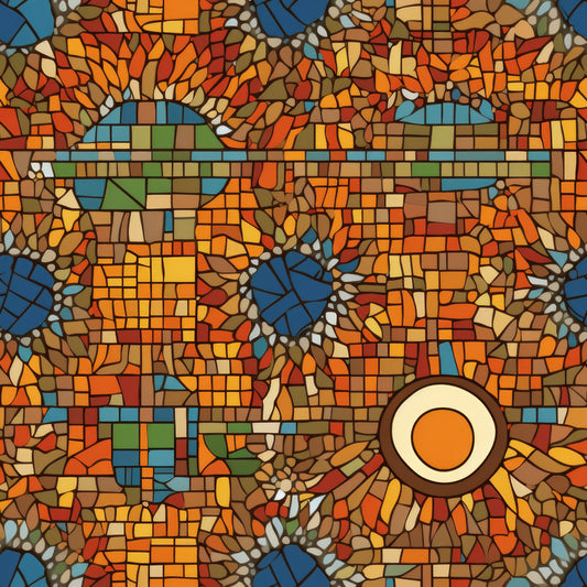 mosaic pattern, stained glass, geometric design, orange, red, brown, blue, green, yellow, warm colors, autumn tones, tessellated, abstract art, quilting cotton, fabric panel, earthy palette, circular motifs, artistic blocks, contemporary style, vibrant colors