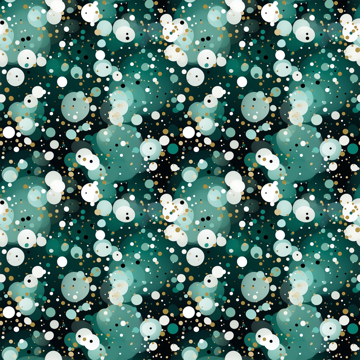 green, teal, white, gold, black, confetti pattern, polka dots, circles, scattered dots, geometric design, festive, celebratory, quilting cotton, fabric panel, modern pattern, abstract design, party theme, bubbly pattern, dotted fabric, contemporary style