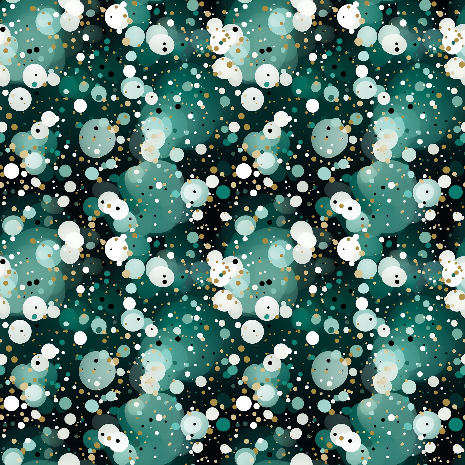 green, teal, white, gold, black, confetti pattern, polka dots, circles, scattered dots, geometric design, festive, celebratory, quilting cotton, fabric panel, modern pattern, abstract design, party theme, bubbly pattern, dotted fabric, contemporary style