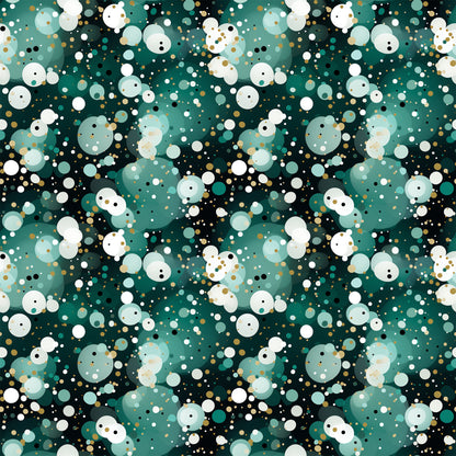 green, teal, white, gold, black, confetti pattern, polka dots, circles, scattered dots, geometric design, festive, celebratory, quilting cotton, fabric panel, modern pattern, abstract design, party theme, bubbly pattern, dotted fabric, contemporary style