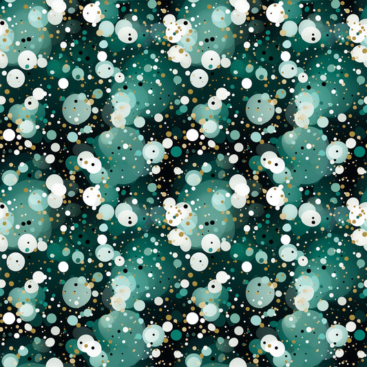 green, teal, white, gold, black, confetti pattern, polka dots, circles, scattered dots, geometric design, festive, celebratory, quilting cotton, fabric panel, modern pattern, abstract design, party theme, bubbly pattern, dotted fabric, contemporary style
