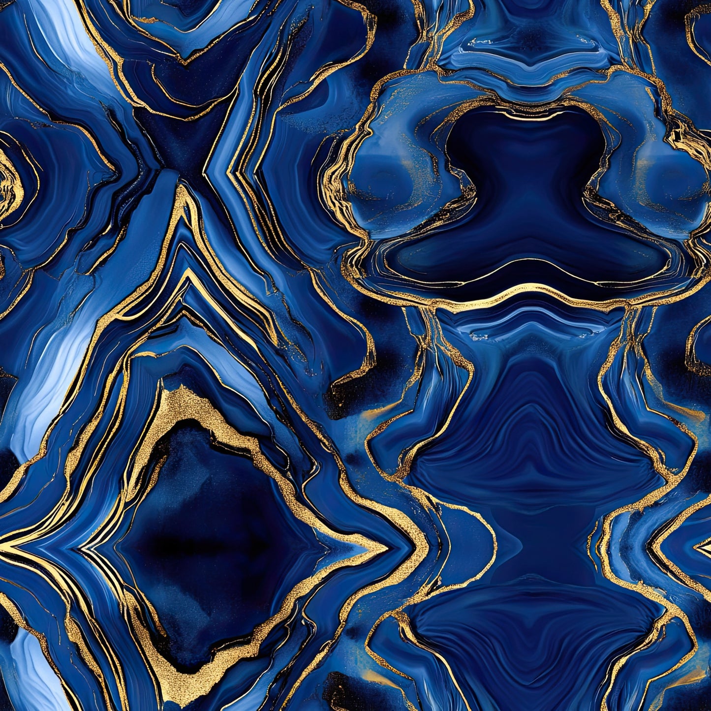 royal blue, gold, agate pattern, geode design, marbled texture, swirled patterns, mineral formations, crystalline structures, flowing lines, organic shapes, luxurious, elegant, quilting cotton, fabric panel, geological inspired, abstract design, metallic accents, deep blue tones, natural stone effect, contemporary