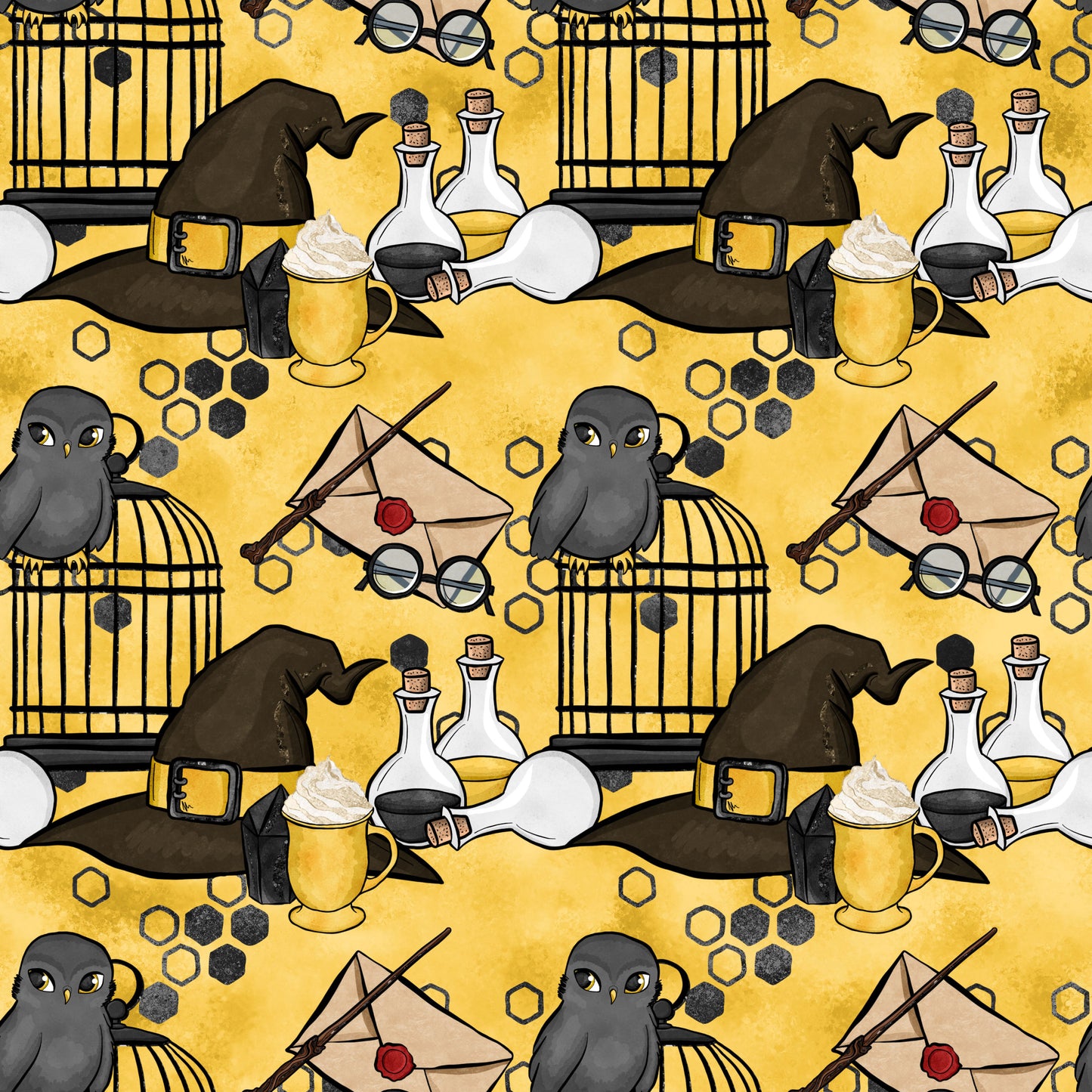 yellow background, golden yellow, wizard hat, owl, birdcage, potion bottles, magic wand, letter envelope, round glasses, honeycomb pattern, butterbeer mug, quilting cotton, fabric panel, magic school, wizarding theme, repeating pattern, cartoon style, whimsical design, black accents, cream colored bottles