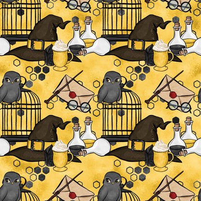 yellow background, golden yellow, wizard hat, owl, birdcage, potion bottles, magic wand, letter envelope, round glasses, honeycomb pattern, butterbeer mug, quilting cotton, fabric panel, magic school, wizarding theme, repeating pattern, cartoon style, whimsical design, black accents, cream colored bottles