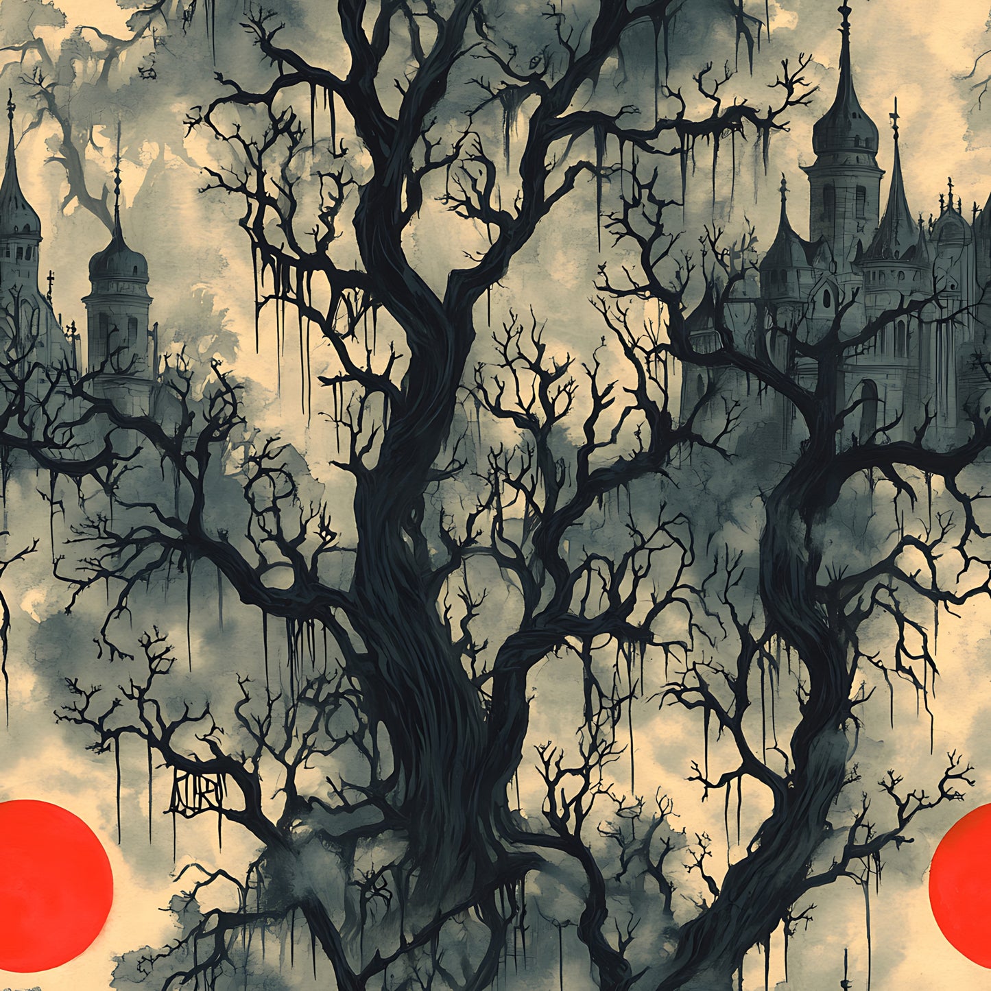 blood moon, gothic architecture, bare trees, spooky atmosphere, haunted mansion, red circles, dark silhouettes, overcast sky, eerie branches, castle towers, horror theme, halloween fabric, quilting cotton, fabric panel, gnarled trees, mysterious buildings, dramatic sky, gothic spires, creepy landscape, atmospheric design