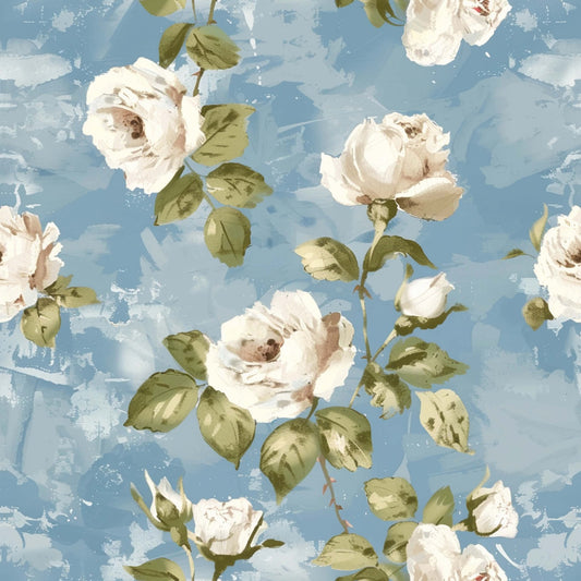 powder blue, sky blue, cream, white, sage green, olive green, vintage roses, floral pattern, blooming flowers, rose buds, botanical design, cottage style, farmhouse aesthetic, romantic florals, quilting cotton, fabric panel, watercolor effect, soft pastels, vintage inspired, shabby chic