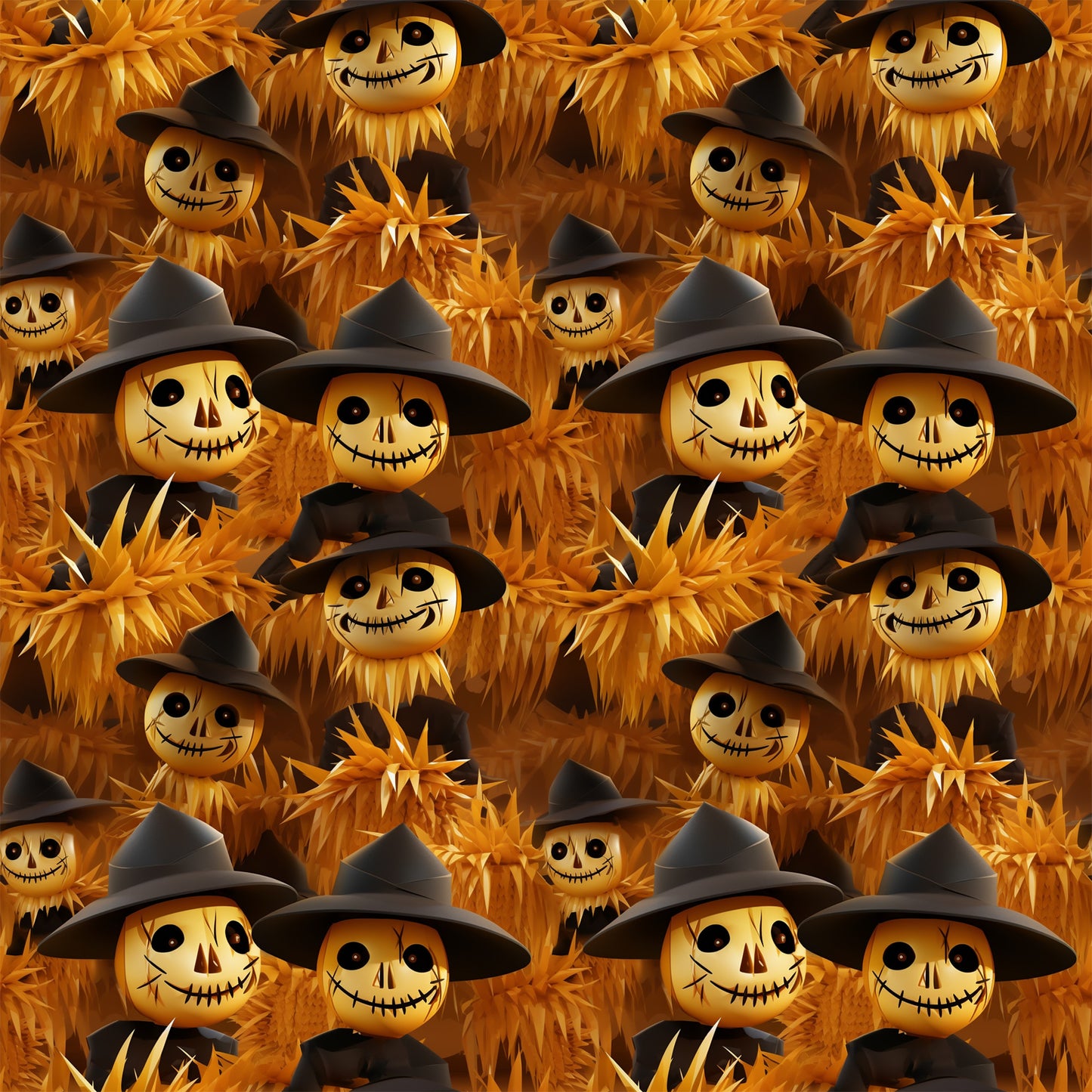 orange, amber, golden yellow, black, scarecrow faces, witch hats, stitched smiles, button eyes, autumn harvest, spooky characters, halloween theme, wheat stalks, corn husks, repeating pattern, quilting cotton, fabric panel, rustic style, fall season, creepy cute, seasonal motif