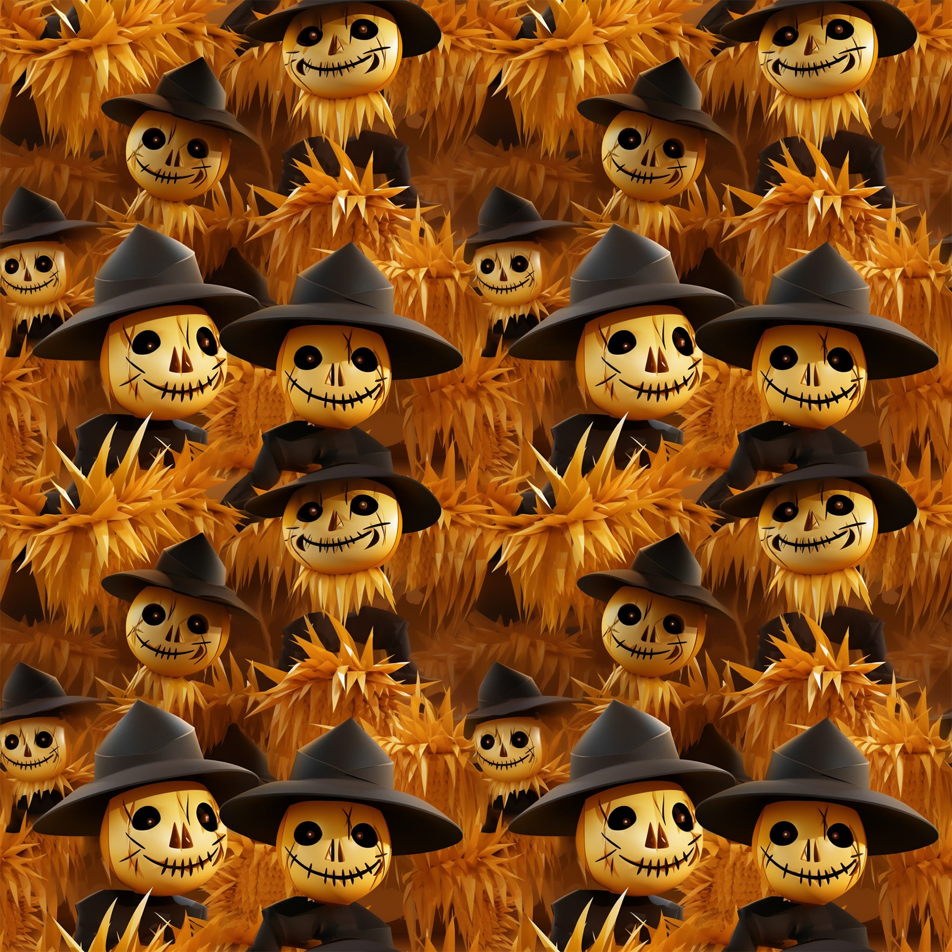 orange, amber, golden yellow, black, scarecrow faces, witch hats, stitched smiles, button eyes, autumn harvest, spooky characters, halloween theme, wheat stalks, corn husks, repeating pattern, quilting cotton, fabric panel, rustic style, fall season, creepy cute, seasonal motif