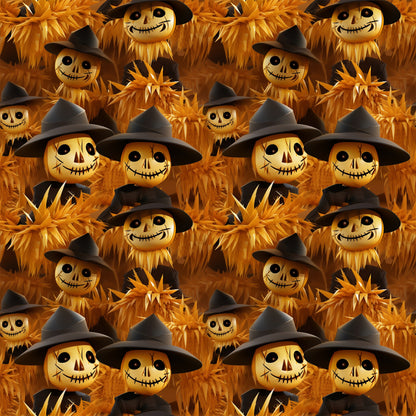 orange, amber, golden yellow, black, scarecrow faces, witch hats, stitched smiles, button eyes, autumn harvest, spooky characters, halloween theme, wheat stalks, corn husks, repeating pattern, quilting cotton, fabric panel, rustic style, fall season, creepy cute, seasonal motif