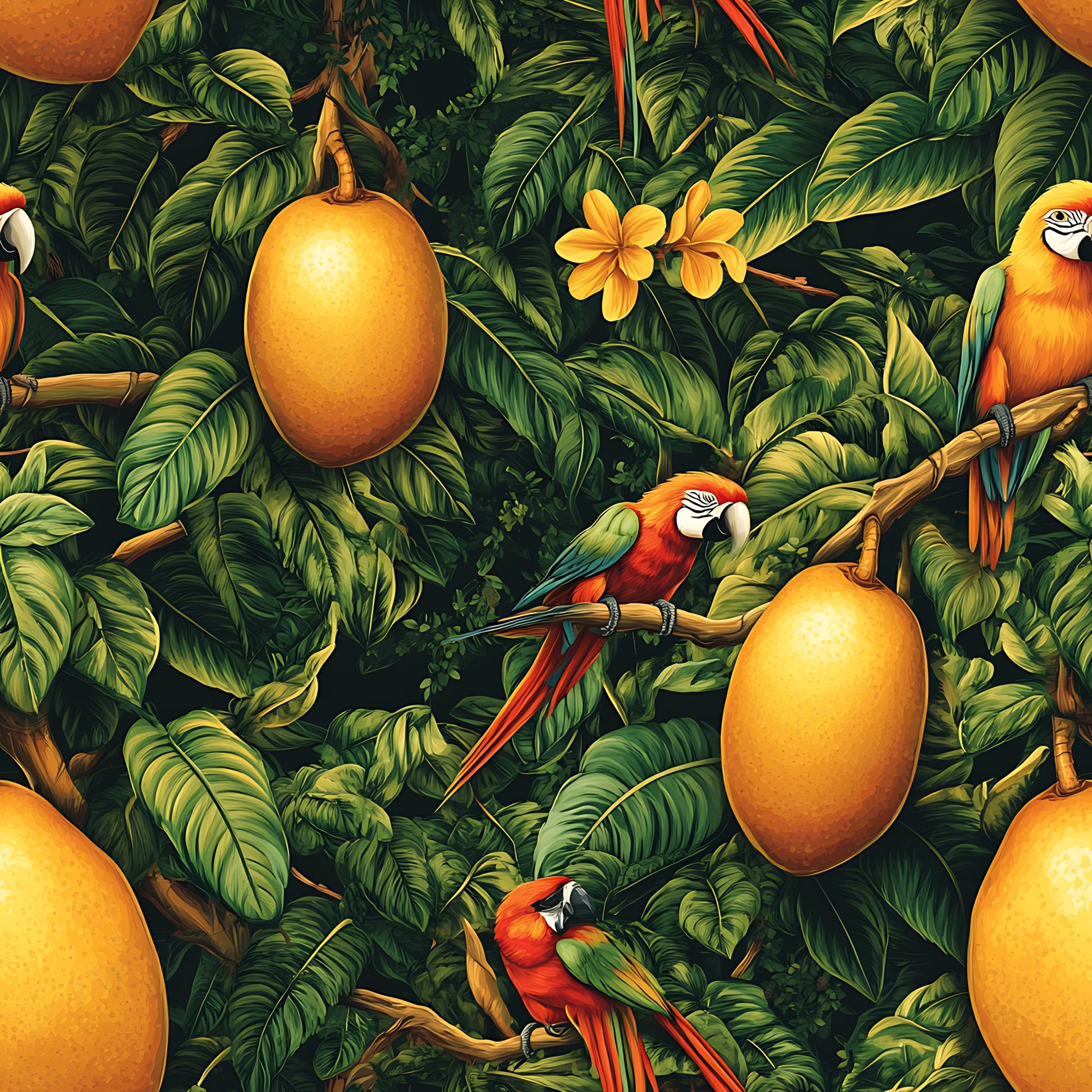 tropical pattern, vibrant green, golden orange, red parrots, macaw birds, mango fruits, lush foliage, jungle leaves, bamboo branches, plumeria flowers, exotic birds, rainforest scene, botanical print, quilting cotton, fabric panel, nature motif, wildlife design, tropical paradise, emerald leaves, sunset colors