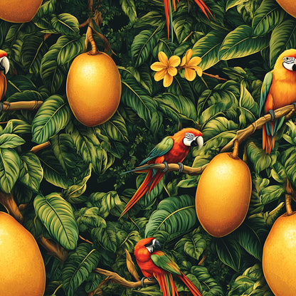 tropical pattern, vibrant green, golden orange, red parrots, macaw birds, mango fruits, lush foliage, jungle leaves, bamboo branches, plumeria flowers, exotic birds, rainforest scene, botanical print, quilting cotton, fabric panel, nature motif, wildlife design, tropical paradise, emerald leaves, sunset colors