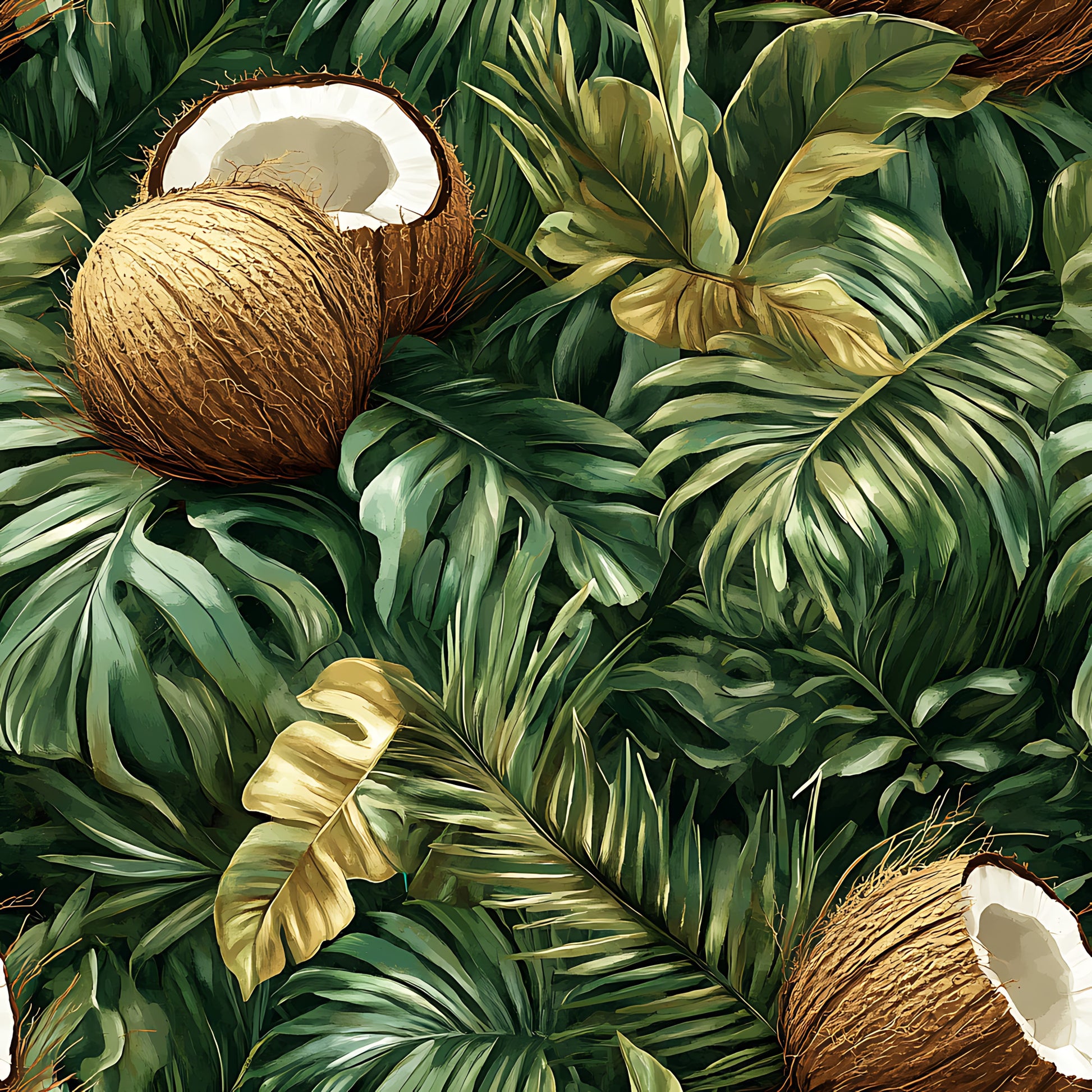 tropical foliage, coconut halves, monstera leaves, palm fronds, jungle pattern, botanical design, green leaves, brown coconuts, white coconut meat, quilting cotton, fabric panel, tropical theme, lush vegetation, exotic plants, nature motif, earthy tones, summer vibes, paradise elements, dense foliage