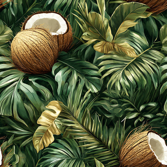 tropical foliage, coconut halves, monstera leaves, palm fronds, jungle pattern, botanical design, green leaves, brown coconuts, white coconut meat, quilting cotton, fabric panel, tropical theme, lush vegetation, exotic plants, nature motif, earthy tones, summer vibes, paradise elements, dense foliage