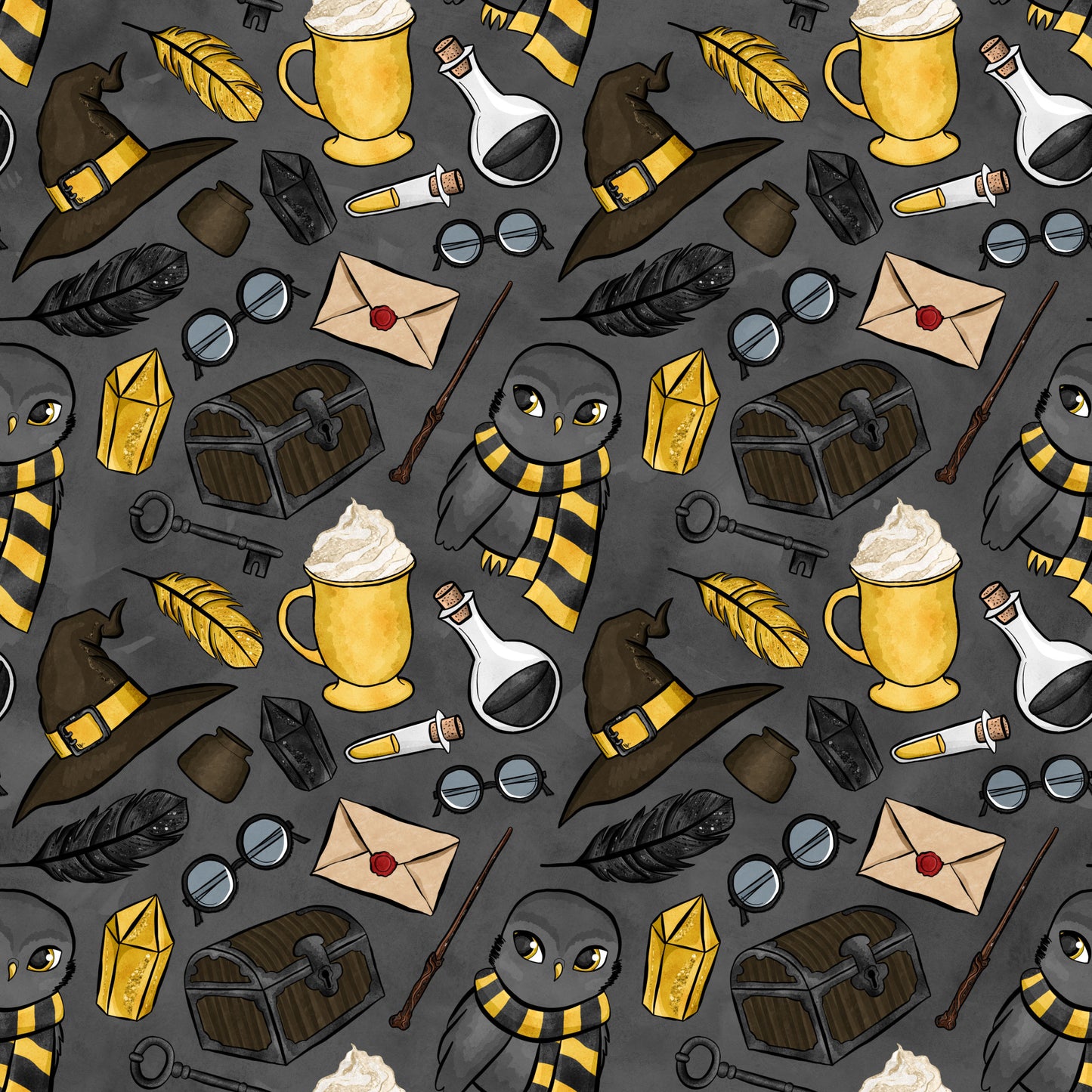 charcoal gray, mustard yellow, wizard hats, magical owls, potion bottles, treasure chests, feathers, wands, envelopes, magnifying glass, keys, striped scarves, quilting cotton, fabric panel, whimsical illustrations, magical school, fantasy theme, cartoon style, repeating pattern, mystical elements